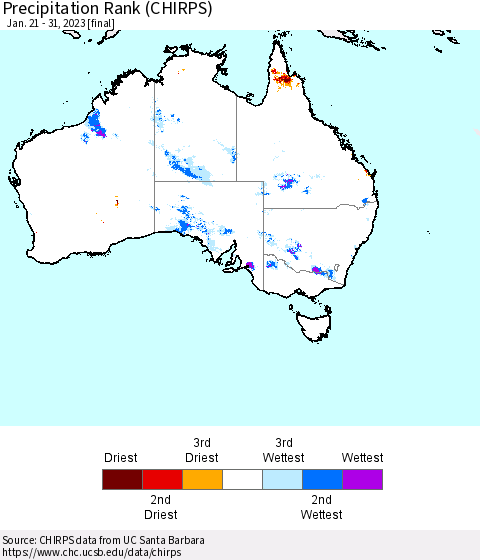 Australia Precipitation Rank since 1981 (CHIRPS) Thematic Map For 1/21/2023 - 1/31/2023