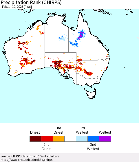 Australia Precipitation Rank since 1981 (CHIRPS) Thematic Map For 2/1/2023 - 2/10/2023