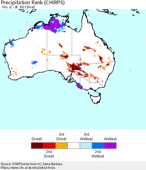 Australia Precipitation Rank since 1981 (CHIRPS) Thematic Map For 2/21/2023 - 2/28/2023