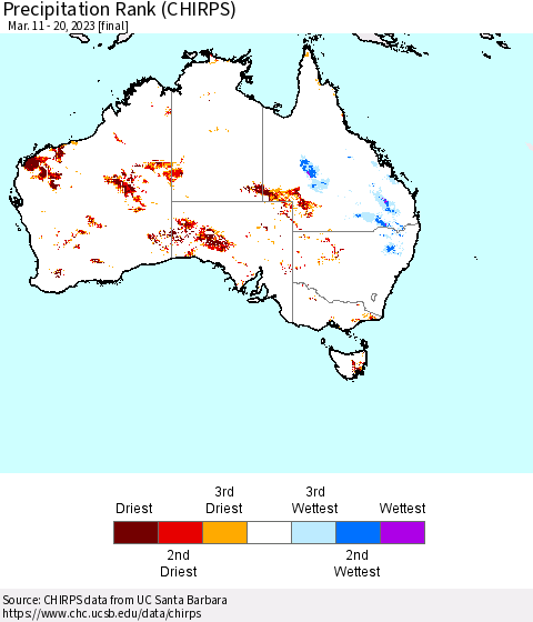 Australia Precipitation Rank since 1981 (CHIRPS) Thematic Map For 3/11/2023 - 3/20/2023