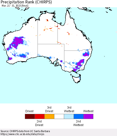 Australia Precipitation Rank since 1981 (CHIRPS) Thematic Map For 3/21/2023 - 3/31/2023