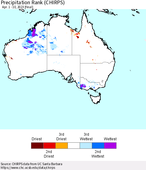 Australia Precipitation Rank since 1981 (CHIRPS) Thematic Map For 4/1/2023 - 4/10/2023