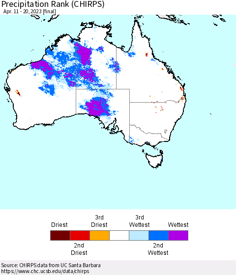 Australia Precipitation Rank since 1981 (CHIRPS) Thematic Map For 4/11/2023 - 4/20/2023