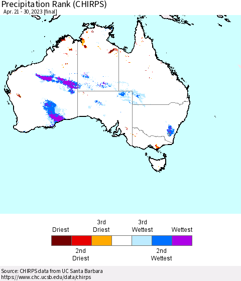 Australia Precipitation Rank since 1981 (CHIRPS) Thematic Map For 4/21/2023 - 4/30/2023