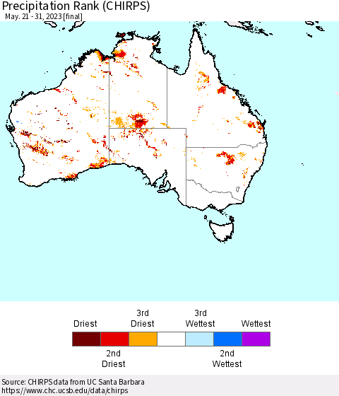 Australia Precipitation Rank since 1981 (CHIRPS) Thematic Map For 5/21/2023 - 5/31/2023