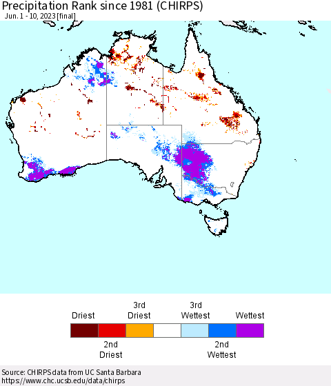 Australia Precipitation Rank since 1981 (CHIRPS) Thematic Map For 6/1/2023 - 6/10/2023