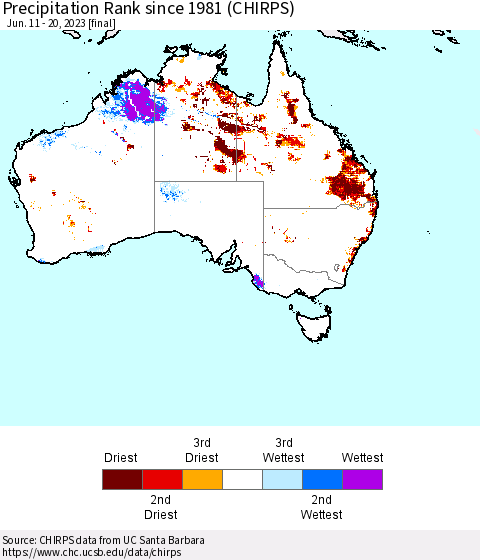 Australia Precipitation Rank since 1981 (CHIRPS) Thematic Map For 6/11/2023 - 6/20/2023