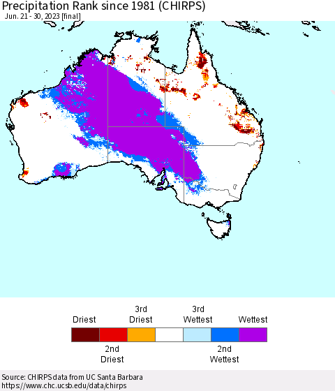 Australia Precipitation Rank since 1981 (CHIRPS) Thematic Map For 6/21/2023 - 6/30/2023