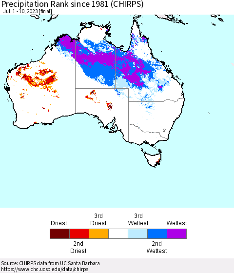 Australia Precipitation Rank since 1981 (CHIRPS) Thematic Map For 7/1/2023 - 7/10/2023
