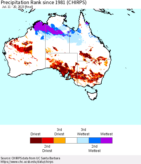 Australia Precipitation Rank since 1981 (CHIRPS) Thematic Map For 7/11/2023 - 7/20/2023