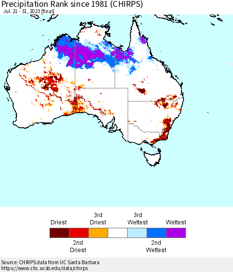 Australia Precipitation Rank since 1981 (CHIRPS) Thematic Map For 7/21/2023 - 7/31/2023