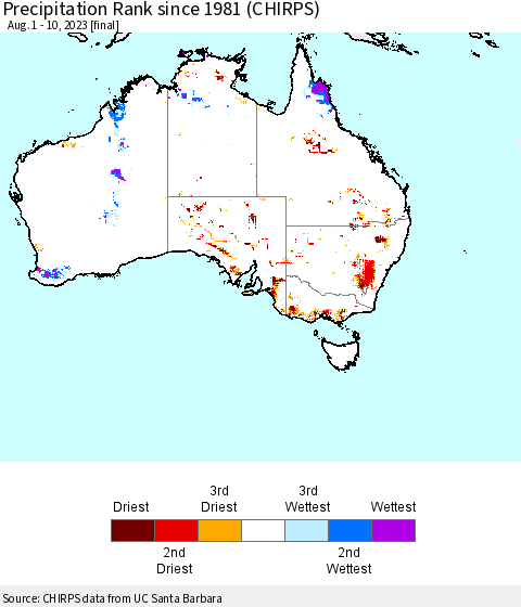 Australia Precipitation Rank since 1981 (CHIRPS) Thematic Map For 8/1/2023 - 8/10/2023