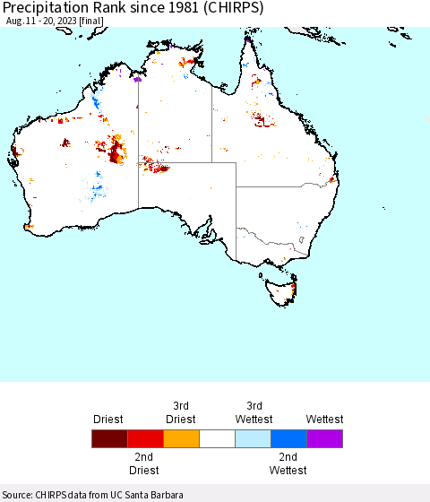 Australia Precipitation Rank since 1981 (CHIRPS) Thematic Map For 8/11/2023 - 8/20/2023
