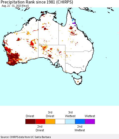 Australia Precipitation Rank since 1981 (CHIRPS) Thematic Map For 8/21/2023 - 8/31/2023