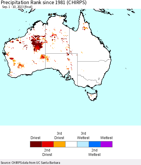 Australia Precipitation Rank since 1981 (CHIRPS) Thematic Map For 9/1/2023 - 9/10/2023