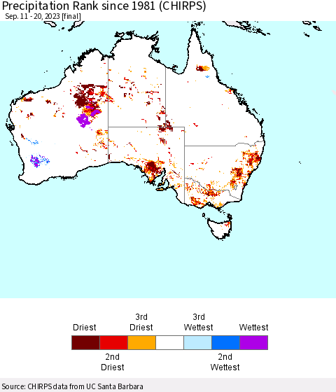Australia Precipitation Rank since 1981 (CHIRPS) Thematic Map For 9/11/2023 - 9/20/2023