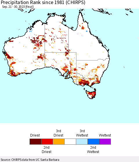 Australia Precipitation Rank since 1981 (CHIRPS) Thematic Map For 9/21/2023 - 9/30/2023