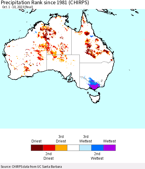Australia Precipitation Rank since 1981 (CHIRPS) Thematic Map For 10/1/2023 - 10/10/2023