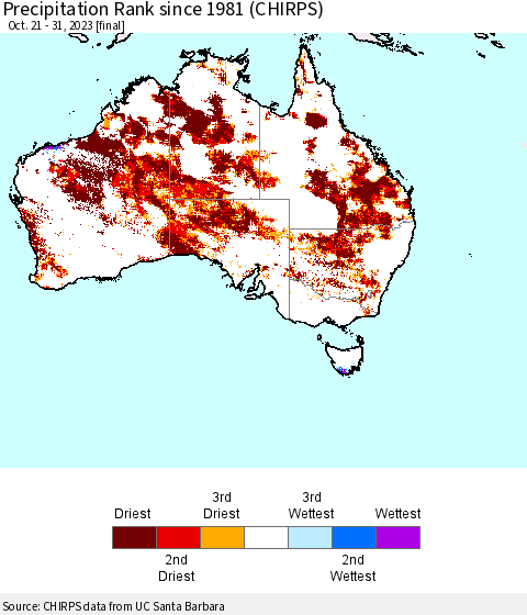 Australia Precipitation Rank since 1981 (CHIRPS) Thematic Map For 10/21/2023 - 10/31/2023