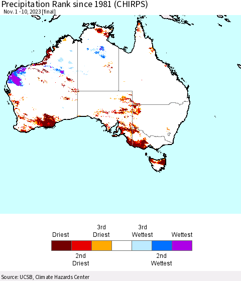 Australia Precipitation Rank since 1981 (CHIRPS) Thematic Map For 11/1/2023 - 11/10/2023