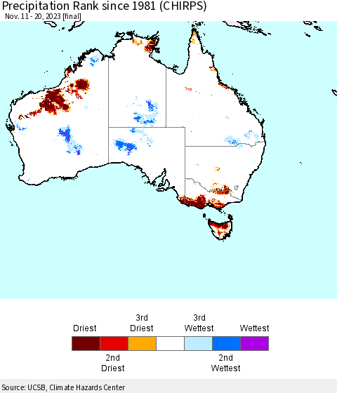 Australia Precipitation Rank since 1981 (CHIRPS) Thematic Map For 11/11/2023 - 11/20/2023