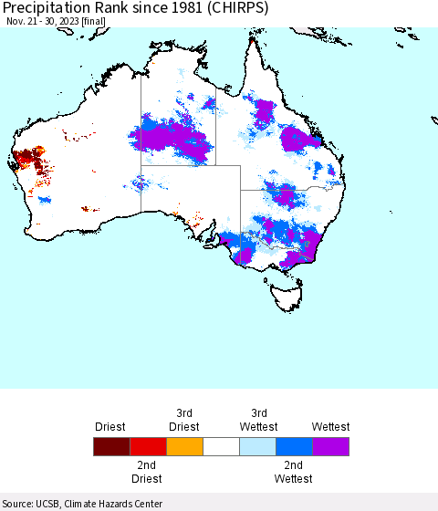 Australia Precipitation Rank since 1981 (CHIRPS) Thematic Map For 11/21/2023 - 11/30/2023