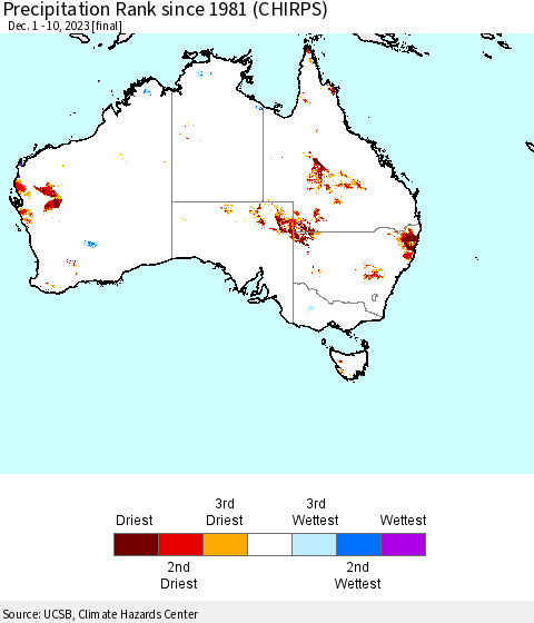 Australia Precipitation Rank since 1981 (CHIRPS) Thematic Map For 12/1/2023 - 12/10/2023