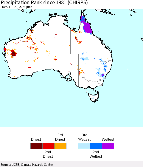 Australia Precipitation Rank since 1981 (CHIRPS) Thematic Map For 12/11/2023 - 12/20/2023