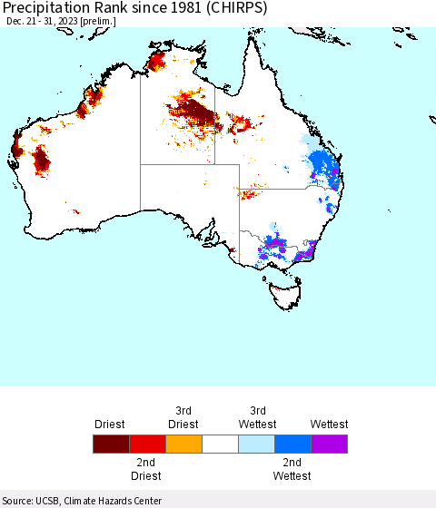 Australia Precipitation Rank since 1981 (CHIRPS) Thematic Map For 12/21/2023 - 12/31/2023