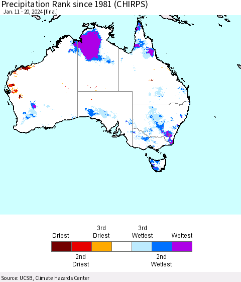 Australia Precipitation Rank since 1981 (CHIRPS) Thematic Map For 1/11/2024 - 1/20/2024
