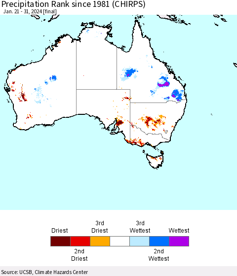 Australia Precipitation Rank since 1981 (CHIRPS) Thematic Map For 1/21/2024 - 1/31/2024