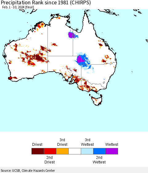 Australia Precipitation Rank since 1981 (CHIRPS) Thematic Map For 2/1/2024 - 2/10/2024