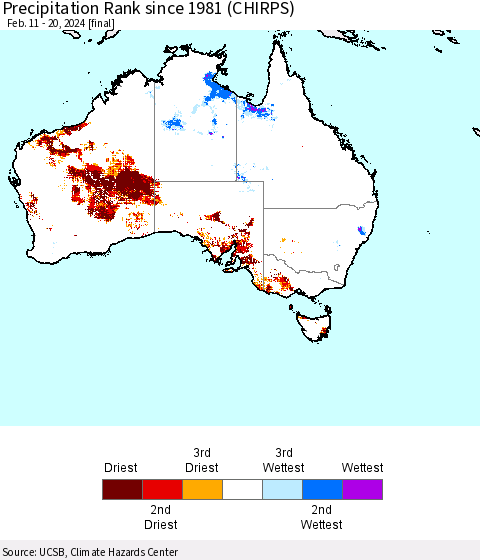 Australia Precipitation Rank since 1981 (CHIRPS) Thematic Map For 2/11/2024 - 2/20/2024