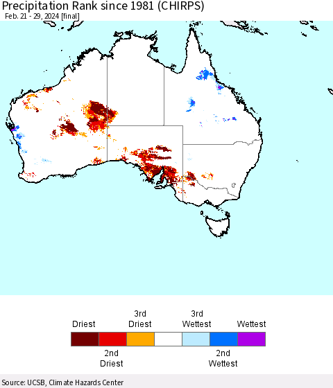 Australia Precipitation Rank since 1981 (CHIRPS) Thematic Map For 2/21/2024 - 2/29/2024