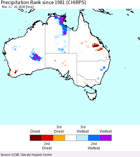 Australia Precipitation Rank since 1981 (CHIRPS) Thematic Map For 3/11/2024 - 3/20/2024