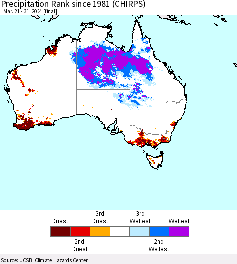 Australia Precipitation Rank since 1981 (CHIRPS) Thematic Map For 3/21/2024 - 3/31/2024