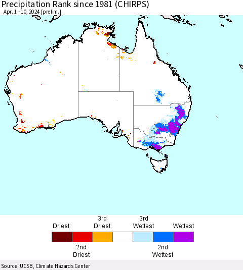 Australia Precipitation Rank since 1981 (CHIRPS) Thematic Map For 4/1/2024 - 4/10/2024