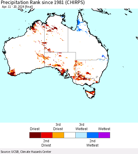 Australia Precipitation Rank since 1981 (CHIRPS) Thematic Map For 4/11/2024 - 4/20/2024