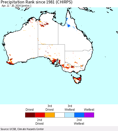 Australia Precipitation Rank since 1981 (CHIRPS) Thematic Map For 4/11/2024 - 4/20/2024