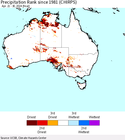 Australia Precipitation Rank since 1981 (CHIRPS) Thematic Map For 4/21/2024 - 4/30/2024