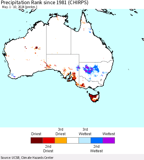 Australia Precipitation Rank since 1981 (CHIRPS) Thematic Map For 5/1/2024 - 5/10/2024