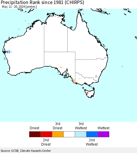 Australia Precipitation Rank since 1981 (CHIRPS) Thematic Map For 5/11/2024 - 5/20/2024