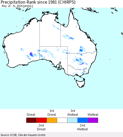 Australia Precipitation Rank since 1981 (CHIRPS) Thematic Map For 5/21/2024 - 5/31/2024
