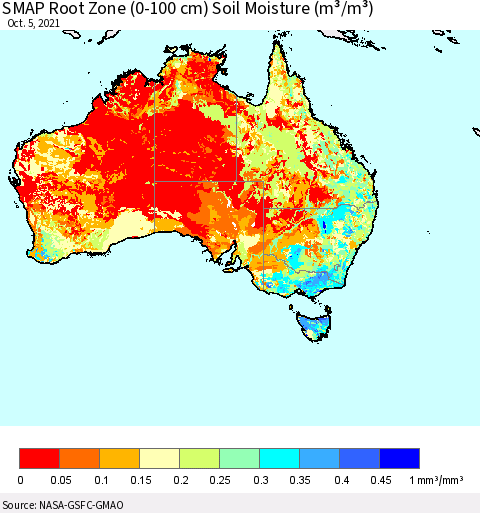 Australia SMAP Root Zone (0-100 cm) Soil Moisture (m³/m³) Thematic Map For 10/1/2021 - 10/5/2021