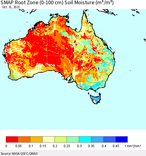 Australia SMAP Root Zone (0-100 cm) Soil Moisture (m³/m³) Thematic Map For 10/26/2021 - 10/31/2021