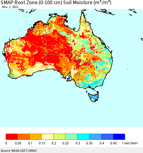 Australia SMAP Root Zone (0-100 cm) Soil Moisture (m³/m³) Thematic Map For 11/1/2021 - 11/5/2021