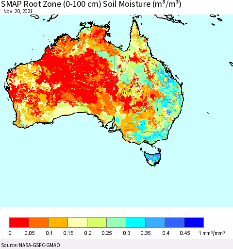 Australia SMAP Root Zone (0-100 cm) Soil Moisture (m³/m³) Thematic Map For 11/16/2021 - 11/20/2021