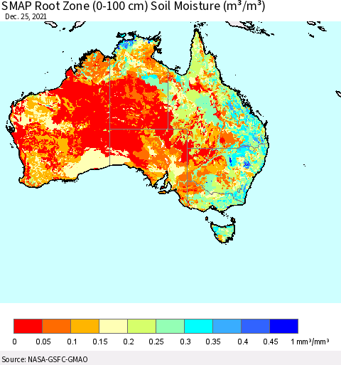 Australia SMAP Root Zone (0-100 cm) Soil Moisture (m³/m³) Thematic Map For 12/21/2021 - 12/25/2021