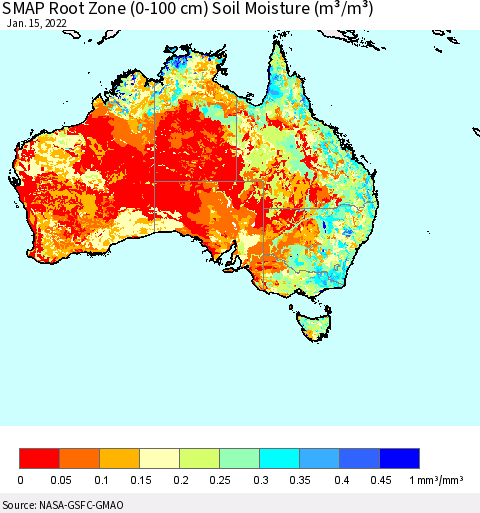 Australia SMAP Root Zone (0-100 cm) Soil Moisture (m³/m³) Thematic Map For 1/11/2022 - 1/15/2022