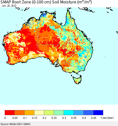 Australia SMAP Root Zone (0-100 cm) Soil Moisture (m³/m³) Thematic Map For 1/16/2022 - 1/20/2022